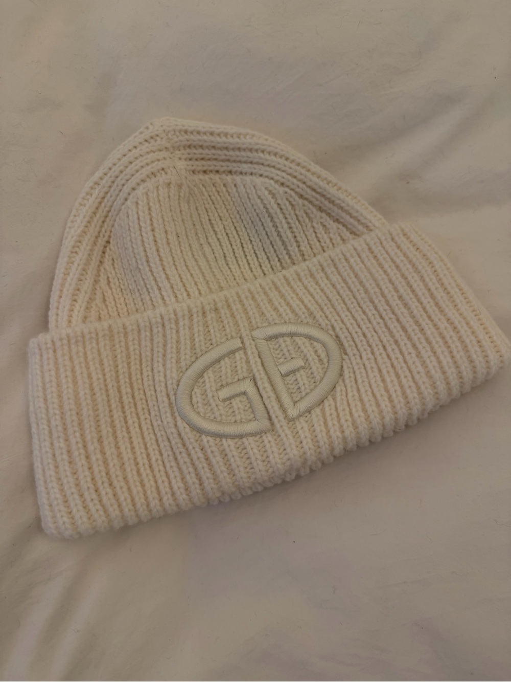 Goldbergh Women's Cream Ribbed Knit Beanie - Designer Embroidered Logo